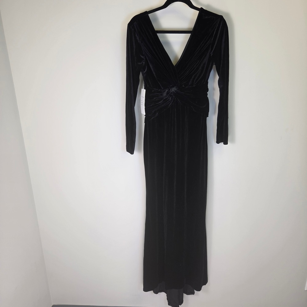 Wear Your Love Black Velvet Long Sleeve V-Neck Ruched Maxi Dress Gown